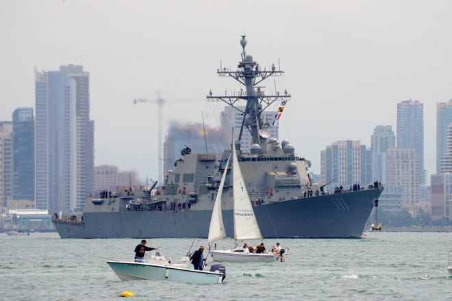 The USS Spruance (DDG-111) departs San Diego Bay, Saturday, Aug. 19, 2023. Forecasters say Hurricane Hilary could produce potentially catastrophic flooding across San Diego County this weekend.
