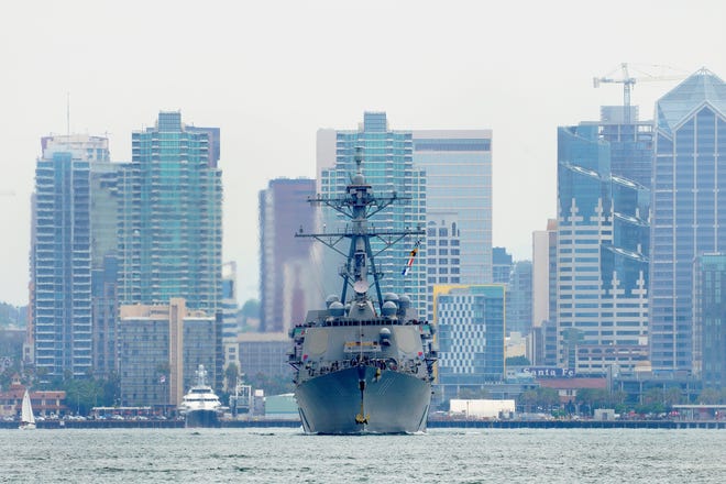 The USS Spruance (DDG-111) departs San Diego Bay, Saturday, Aug. 19, 2023. Forecasters say Hurricane Hilary could produce potentially catastrophic flooding across San Diego County this weekend.