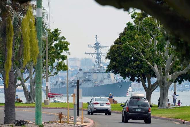 The USS Halsey (DDG-97) departs San Diego Bay, Saturday, Aug. 19, 2023, ahead of Hurricane Hilary.