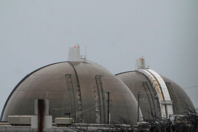 The San Onofre Nuclear Generating Station is seen under heavy rain in Pendleton, Calif., Sunday, Aug. 20, 2023.