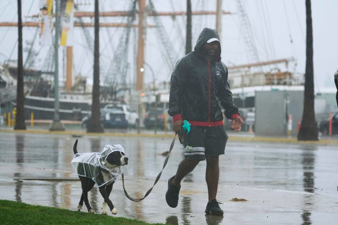 Local resident Cameron Filer shields his dog "Socks" with a full body rain coat as they walk home under a light rain across the Waterfront Park downtown San Diego, Calif., Sunday, Aug. 20, 2023.