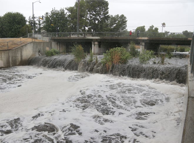 The Arroyo Simi Greenway near Rancho Simi Community Park off Erringer Road in Simi Valley flows swiftly on Sunday, Aug. 20, 2023.