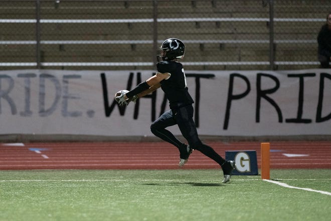 Pueblo South's Armando Manuel crosses the goaline for a touchdown during the 2023 Cannon Game against Pueblo East at Dutch Clark Stadium on Friday, September 22, 2023.