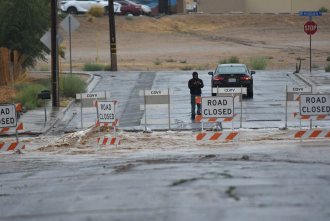 Several streets near Doris Davies Park, in Victorville, California, were closed off due to flooding on August 20, 2023. Hurricane Hilary weakened to a tropical storm but was still likely to bring flooding to the region.